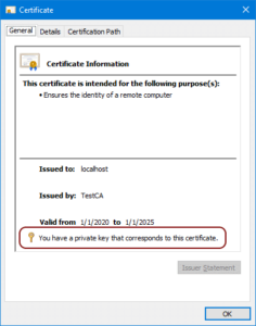 A screen capture of certificate properties showing the certificate has a private key