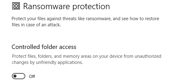 A screen capture of the Windows 10 ransomware protection setting