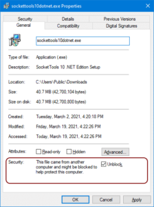 File properties for the SocketTools installer