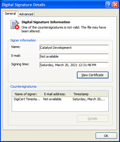 An error showing the code signing certificate is invalid on Windows XP