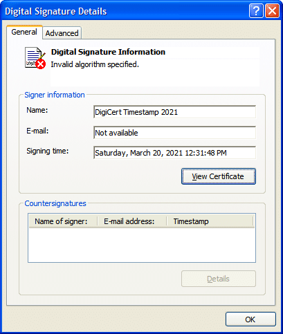 An error message indicating the digital signature algorithm is not recognized on Windows XP