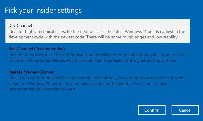 Windows Insider Channel Selection