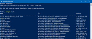 A screen capture of the Windows Package Manager command winget in PowerShell
