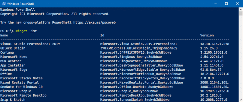 PowerShell window showing the output from the winget command